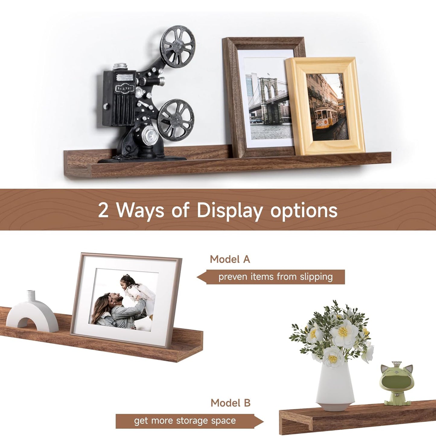 ShelfLoft 3.5"D x 1.6"H Walnut Picture Ledge Shelf Wall Display Floating Shelves