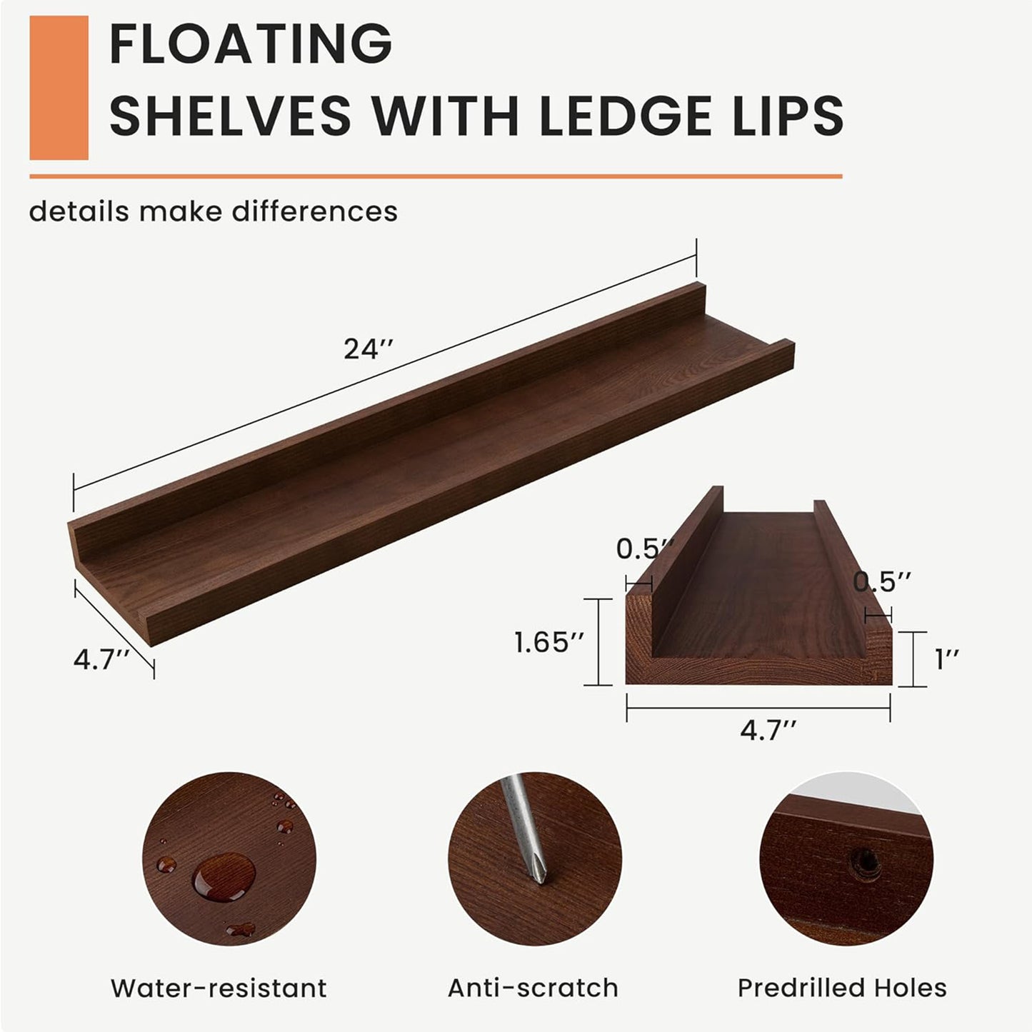 ShelfLoft 24" Wide x 4.7" Deep Solid Ash Wood Picture Ledge Floating Shelves, Set of 2