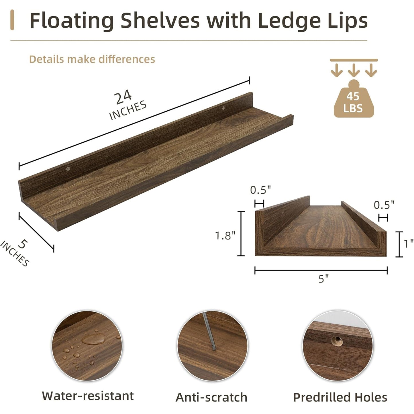 ShelfLoft 5"D x 1.8“H Walnut Picture Ledge Shelf Wood Floating Shelves