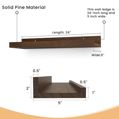 ShelfLoft 5"D x 2"H Walnut Solid Pine Wood Picture Ledge Shelf for Wall Decor,Set of 2