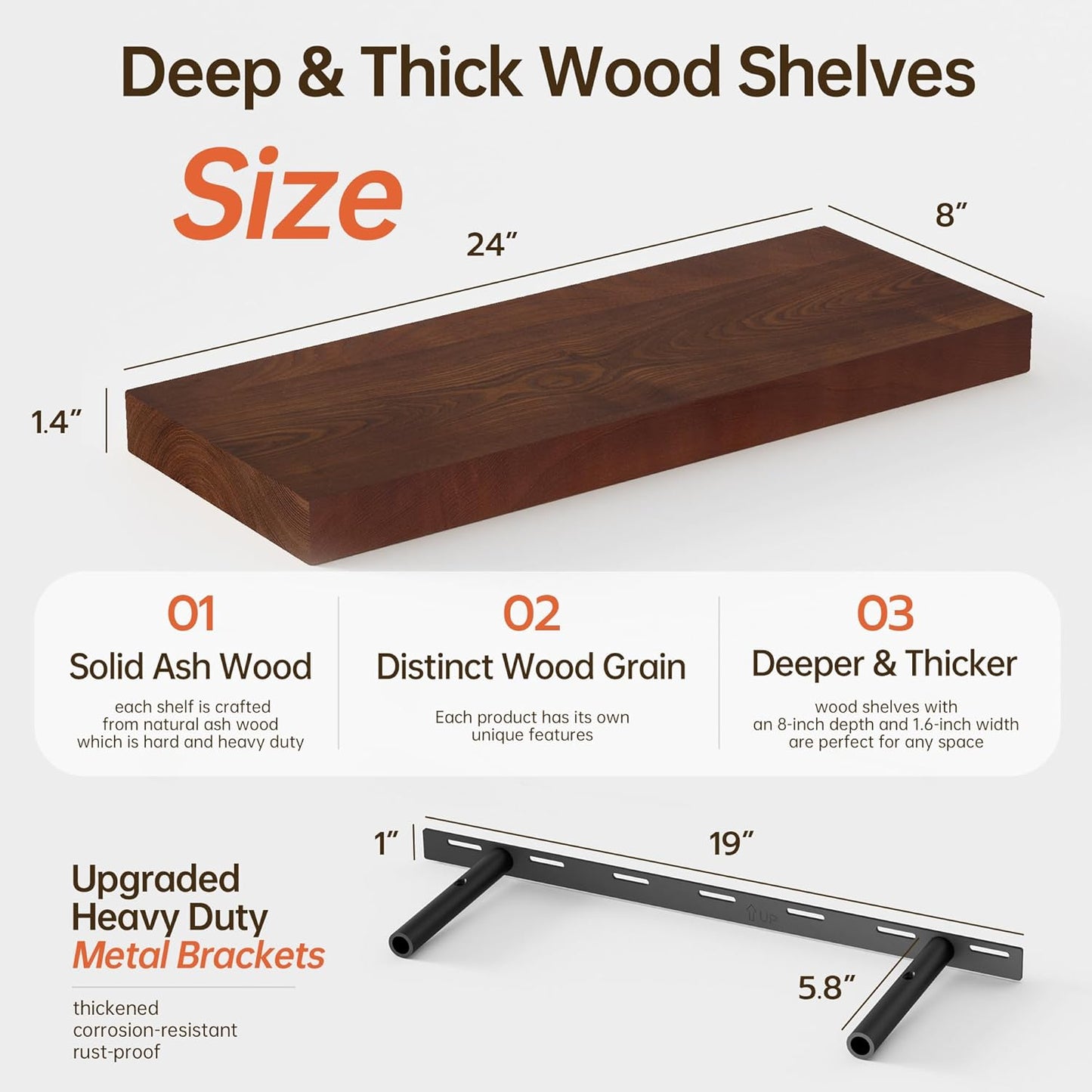 ShelfLoft 24" Wide x 8" Deep Solid Ash Wood Floating Shelves,2 Pack