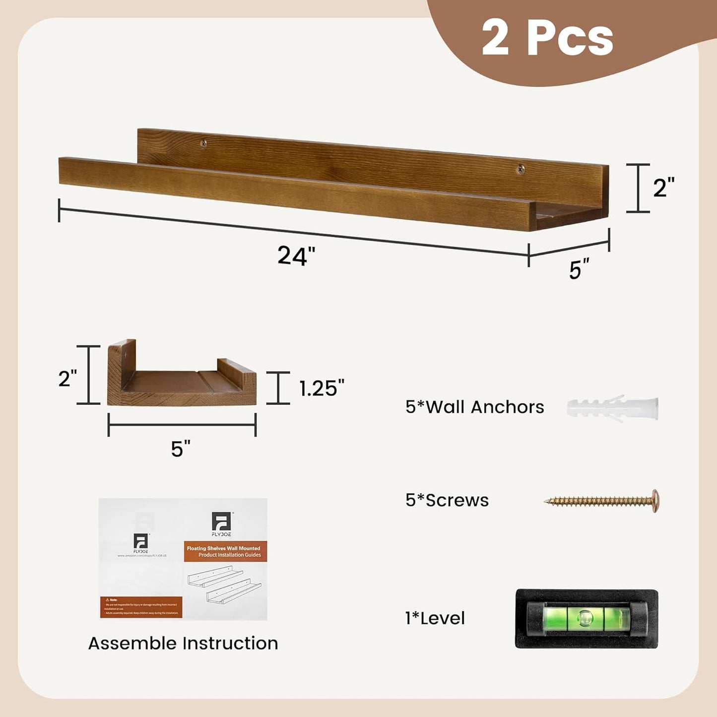 ShelfLoft 24"W x 5"D Walnut Pine Wood Picture Ledge Shelf Wall Shelves with Lip, 2 Pack