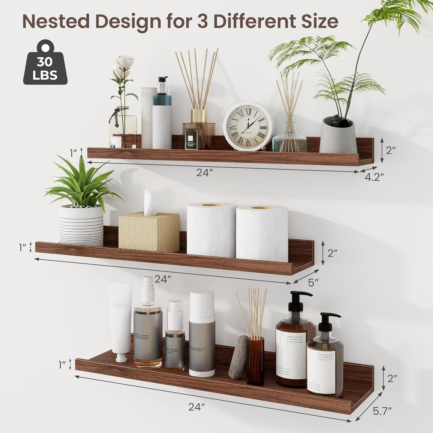 ShelfLoft 5.7"D x 2"H Walnut Picture Ledge Shelf Floating Shelves with Lip, Set of 3