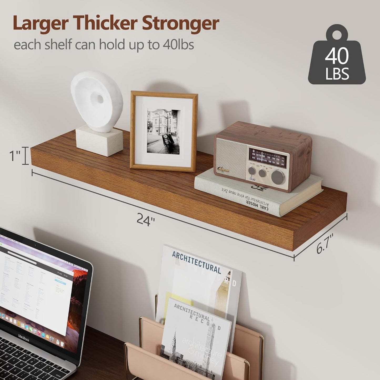 ShelfLoft 6.7"D x 1.4"H Walnut Paulownia Wood Wall Display Decor Floating Shelves