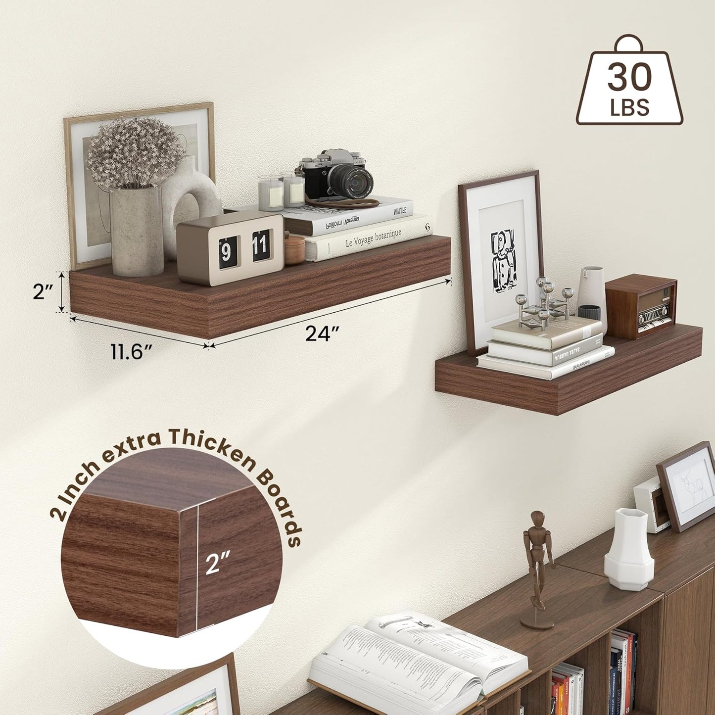 ShelfLoft 11.6"D x 2"H Walnut Floating Shelves for Wall Storage