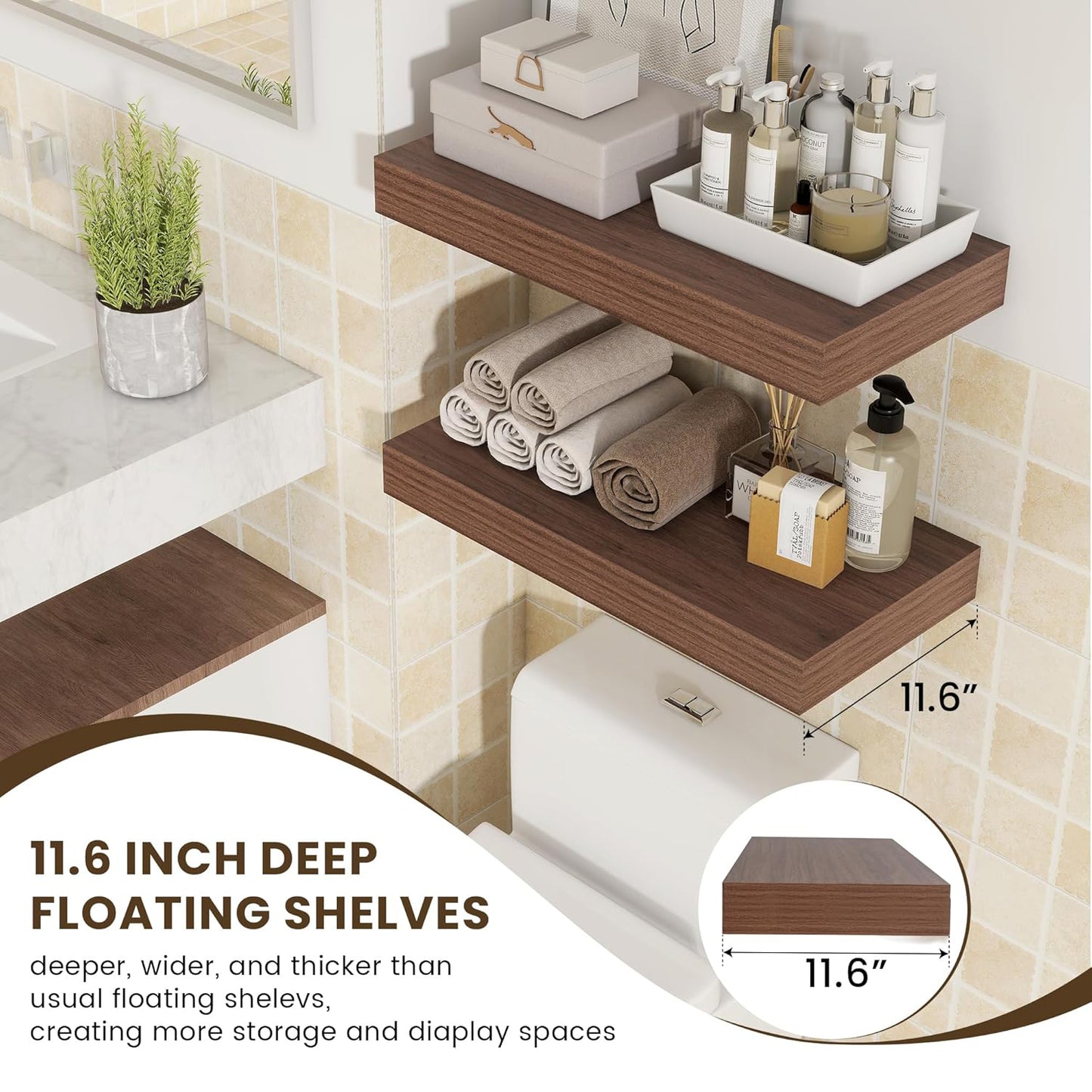 ShelfLoft 11.6"D x 2"H Walnut Floating Shelves for Wall Storage