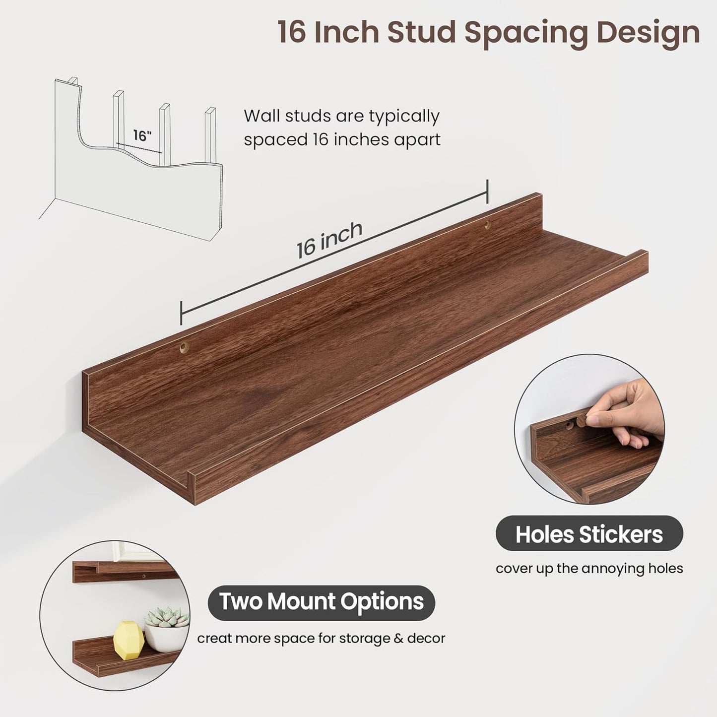 ShelfLoft 24"W x 4.2"D Walnut Picture Ledge Shelf Floating Shelves with Lip Set of 3