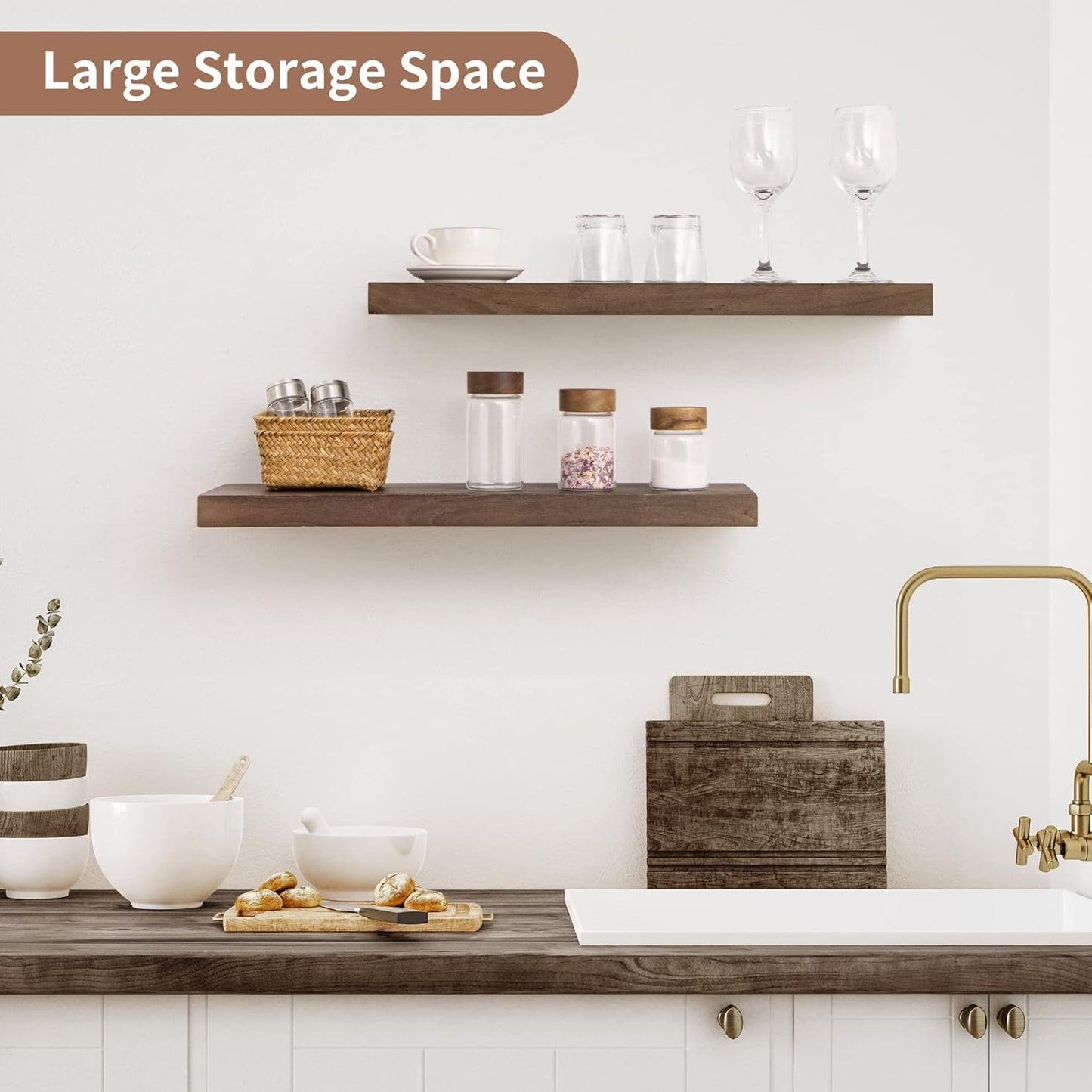 ShelfLoft 24"W x 8"D Rustic Solid Elm Wood Wall Shelves for Storage, Walnut-2 Pack