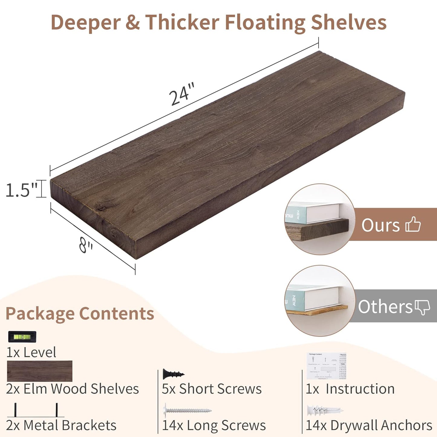 ShelfLoft 24"W x 8"D Rustic Solid Elm Wood Wall Shelves for Storage, Walnut-2 Pack