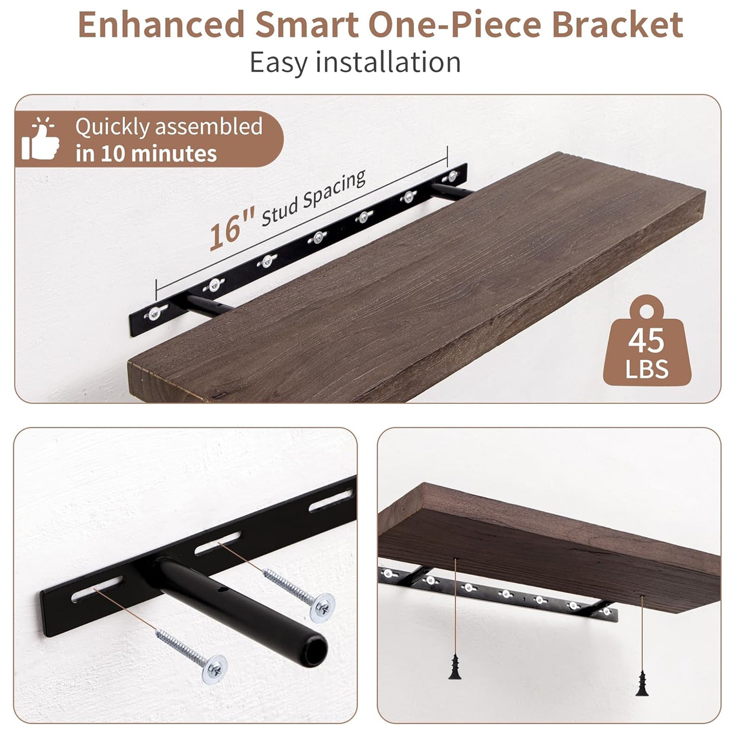 ShelfLoft 24"W x 8"D Rustic Solid Elm Wood Wall Shelves for Storage, Walnut-2 Pack