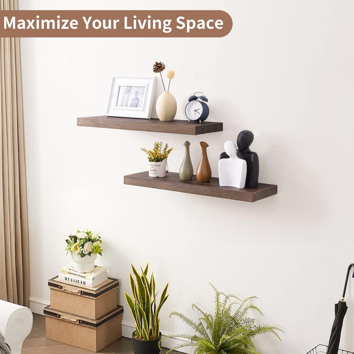 ShelfLoft 8"D x 1.5"H Rustic Walnut Solid Elm Wood Wall Shelves for Storage