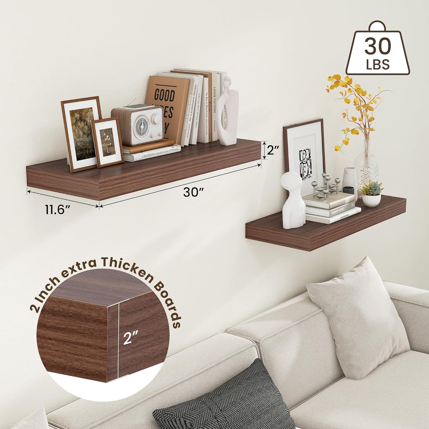 ShelfLoft 11.6"D x 2"H Walnut Floating Shelves for Wall Storage