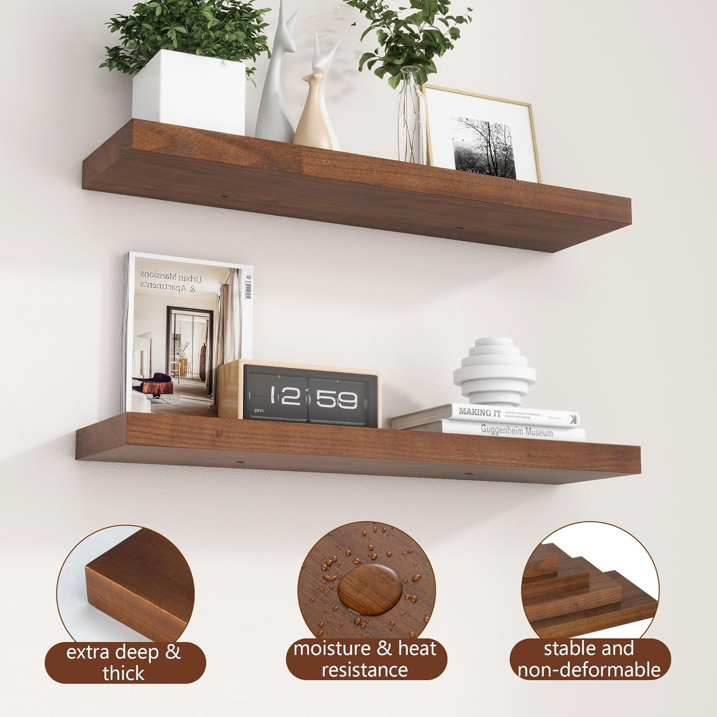 ShelfLoft 30"W x 6.7"D Paulownia Wood Wall Display Decor Floating Shelves,Walnut-2 Pack