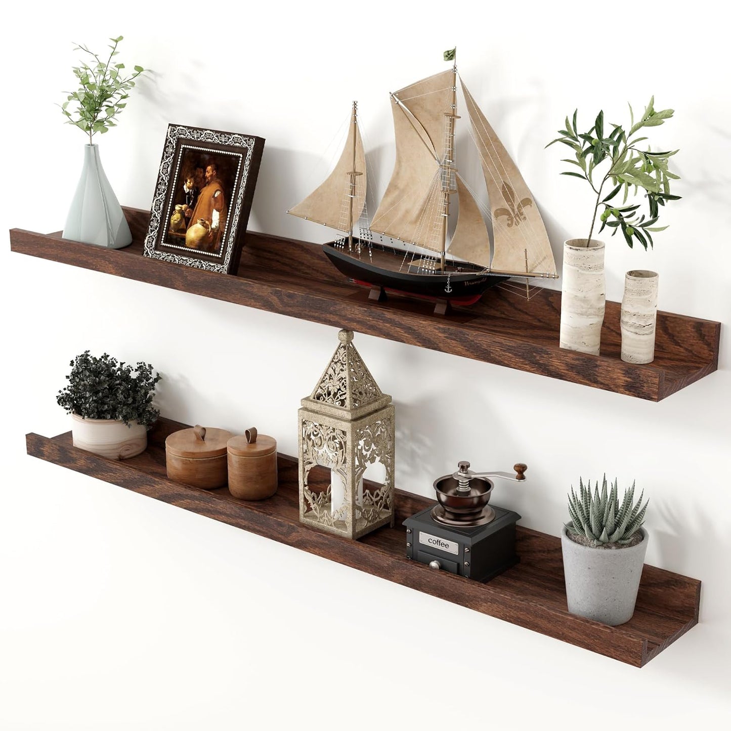 ShelfLoft 4.7 Inch Deep Solid Oak Wood Picture Ledge Shelf, Set of 2