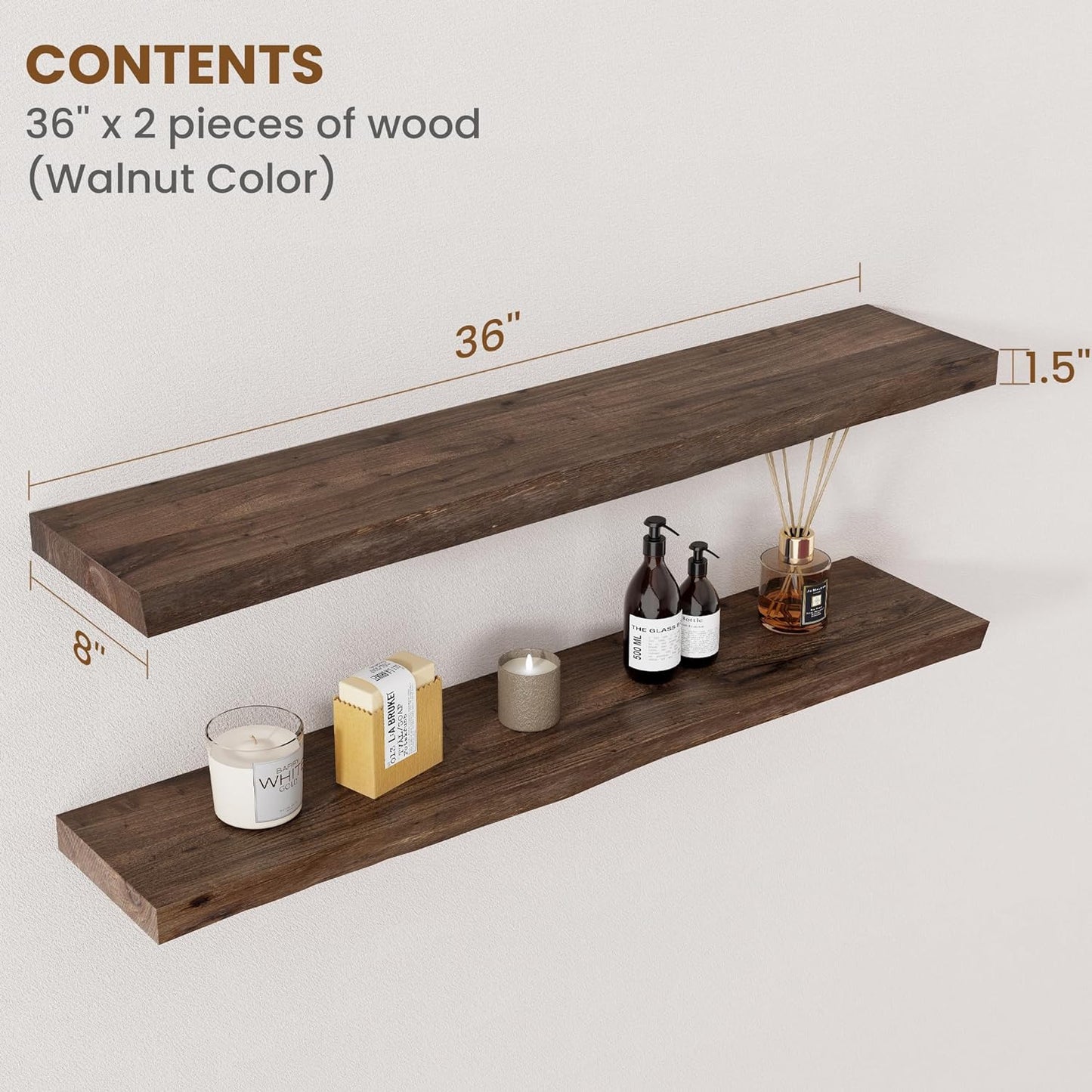 ShelfLoft 8"D x 1.5"H 60lbs Walnut Solid Elm Wood Floating Shelves