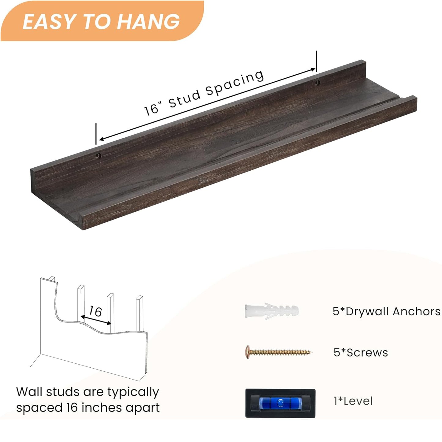 ShelfLoft 4.7"D x 1.5"H Walnut Picture Ledge Shelf Elm Wood Floating Shelves for Wall, Set of 2