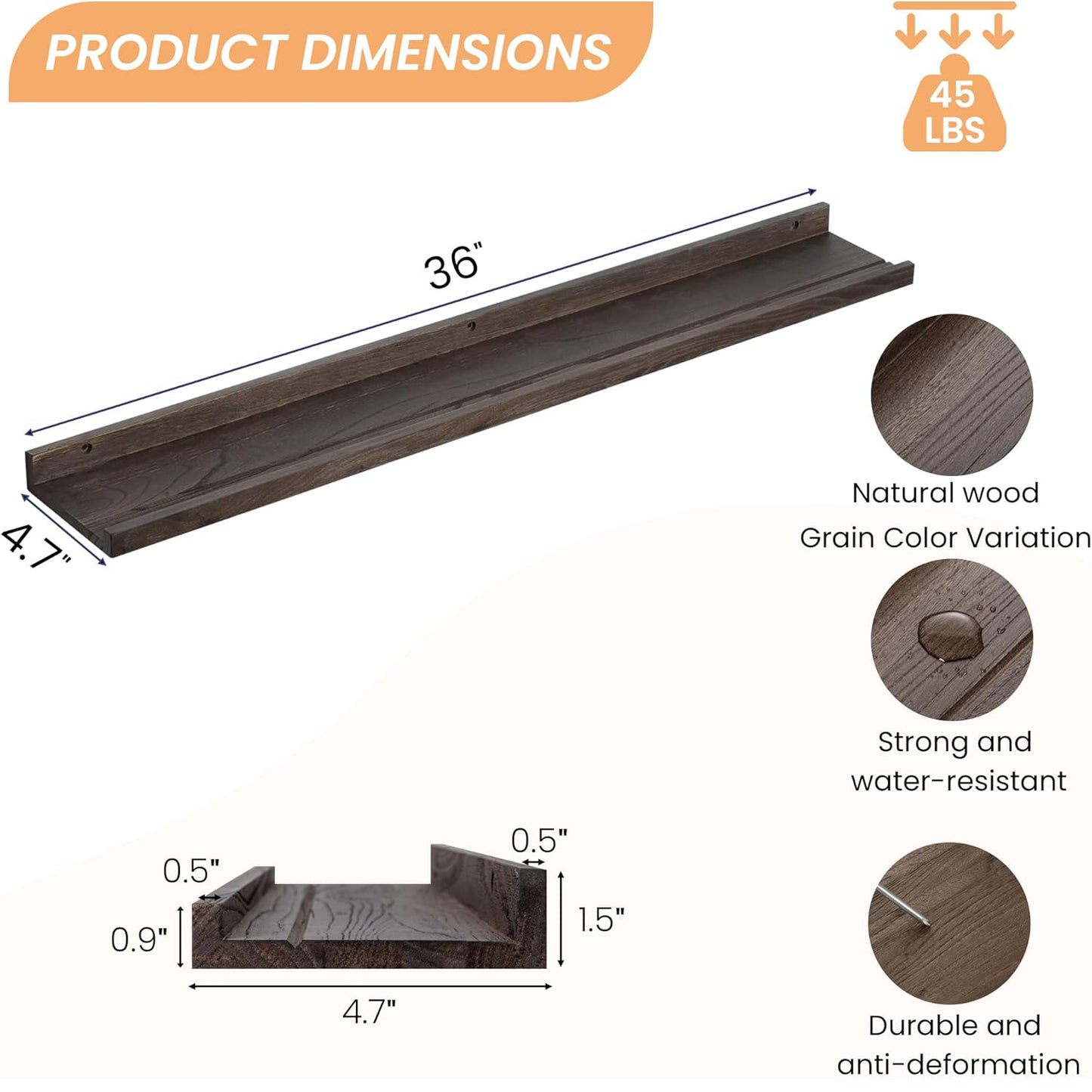 ShelfLoft 4.7"D x 1.5"H Walnut Picture Ledge Shelf Elm Wood Floating Shelves for Wall, Set of 2