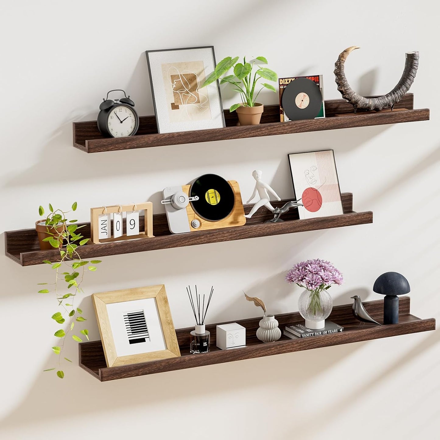 ShelfLoft 5.7"D x 2"H Walnut Picture Ledge Shelf Floating Shelves,3 Pack