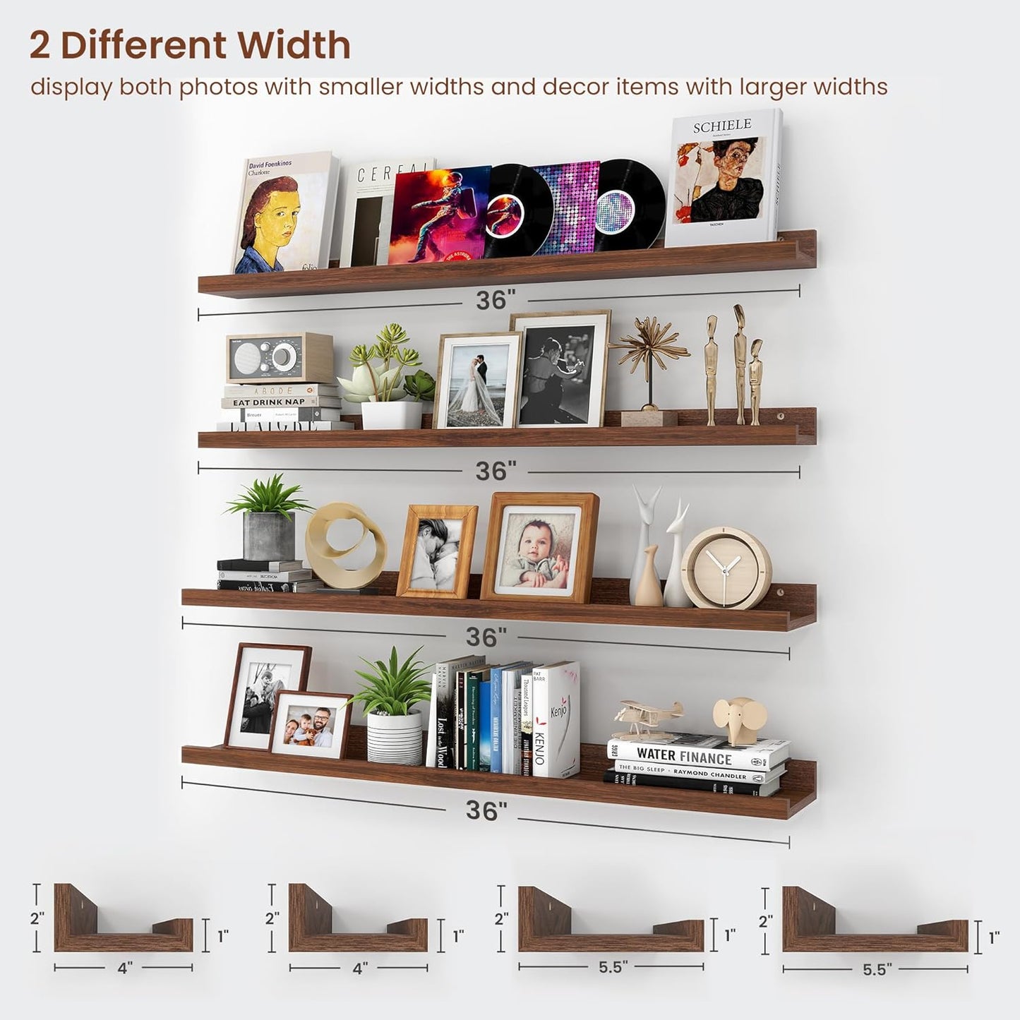 ShelfLoft 5.5"D x 2"H Walnut Picture Ledge Shelf Wall Display Floating Shelves with Lip