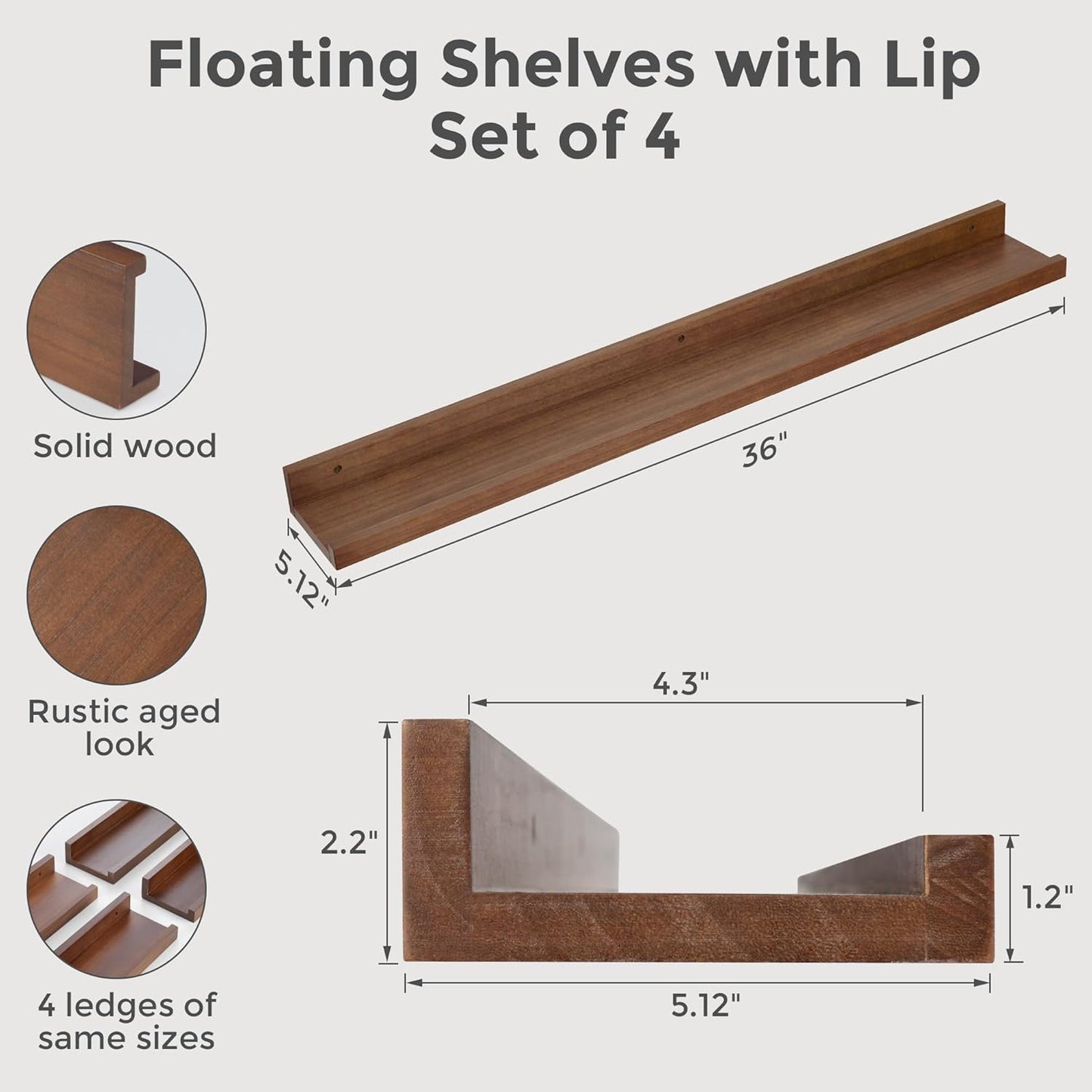 ShelfLoft 5.12 Inch Deep Picture Ledge Shelf Paulownia Wood Wall Floating Shelves with Lip for Nursery Books