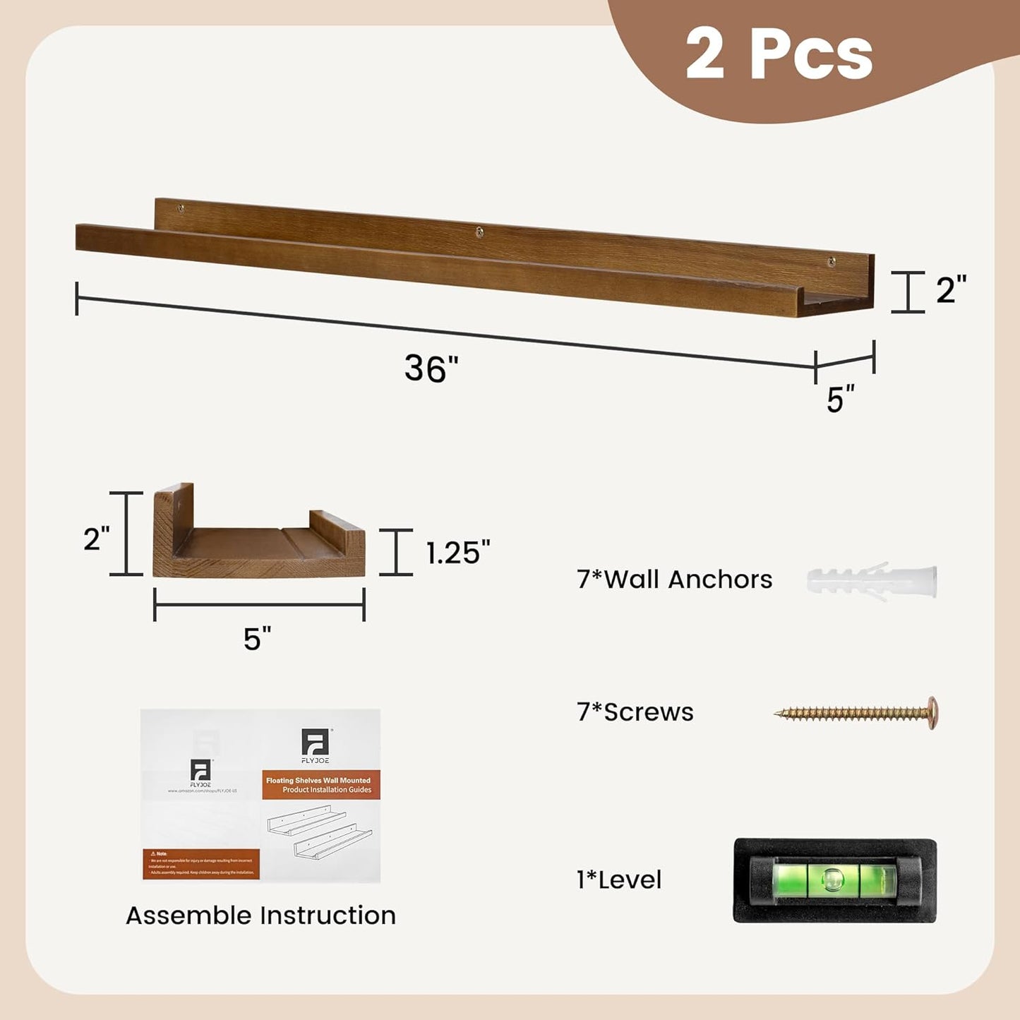 ShelfLoft 36"W x 5"D Walnut Pine Wood Picture Ledge Shelf Wall Shelves with Lip, 2 Pack