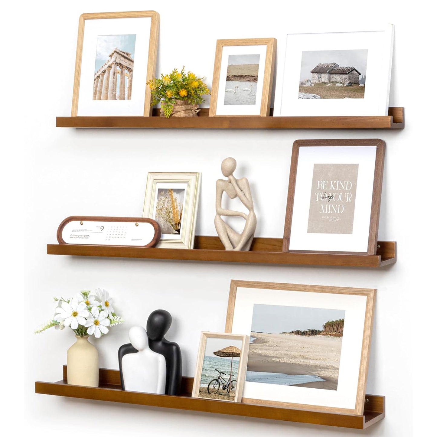 ShelfLoft 36"W x 5.5"D Walnut Pine Wood Picture Ledge Shelf Wall Shelves with Lip, 3 Pack