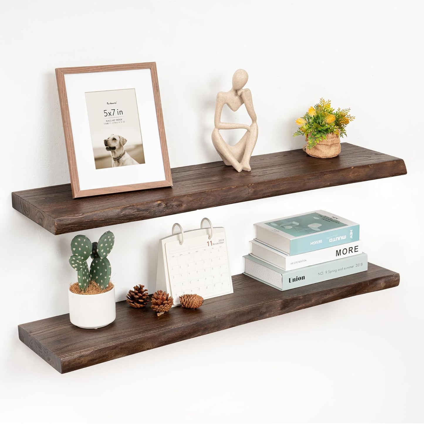 ShelfLoft 36" Wide x 9.3" Deep Live Edge Reclaimed Old Elm Wood Floating Shelves,2 Pack