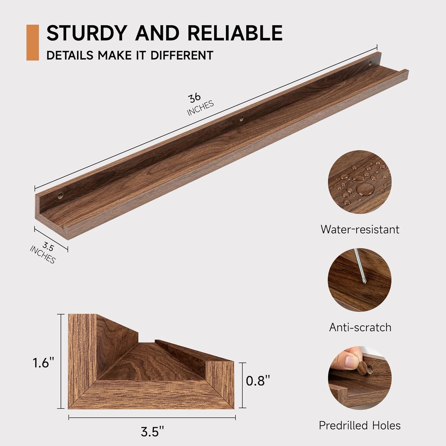ShelfLoft 36“W x 3.5”D Walnut Picture Ledge Shelf Wall Storage Floating Shelves, 2 Pack