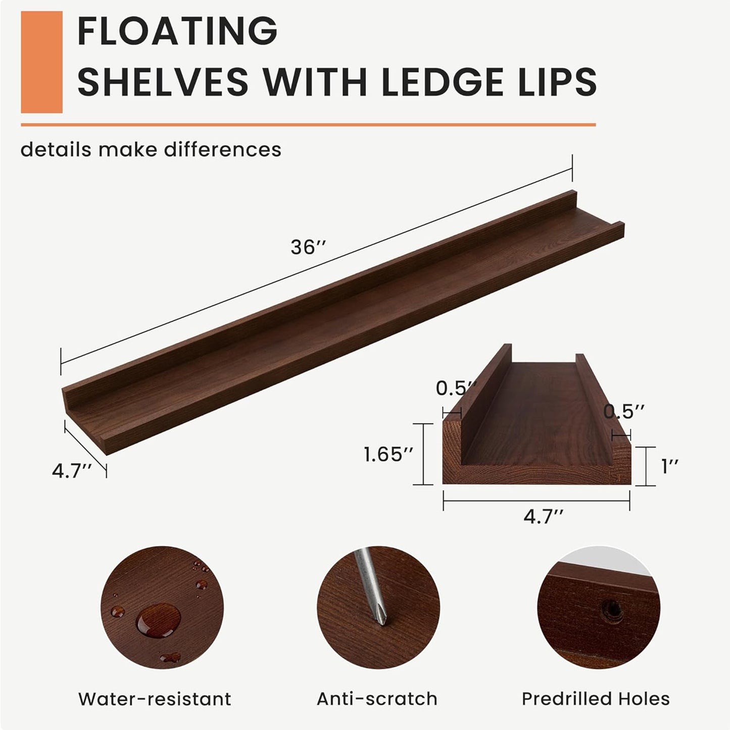 ShelfLoft 36" Wide x 4.7" Deep Solid Ash Wood Picture Ledge Floating Shelves, Set of 2