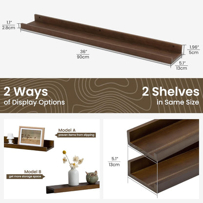 ShelfLoft 5.1"D x 1.96"H Walnut Picture Ledge Shelf Pine Wood Floating Shelves,Set of 2