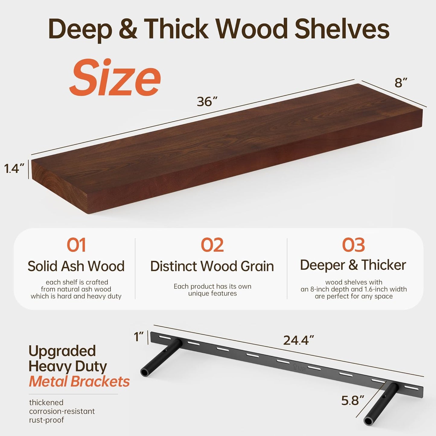 ShelfLoft 36" Wide x 8" Deep Solid Ash Wood Floating Shelves,2 Pack