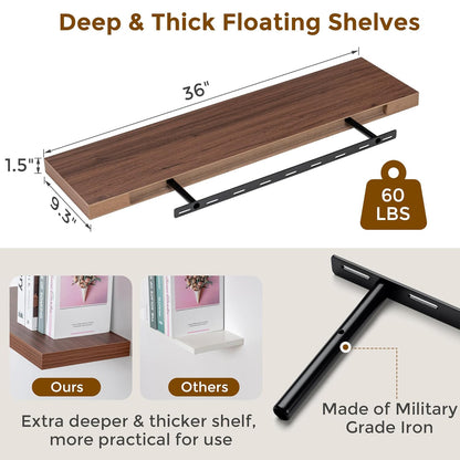 ShelfLoft 36" Wide x 9.3" Deep Floating Shelves for Wall Storage,Walnut-2 Pack