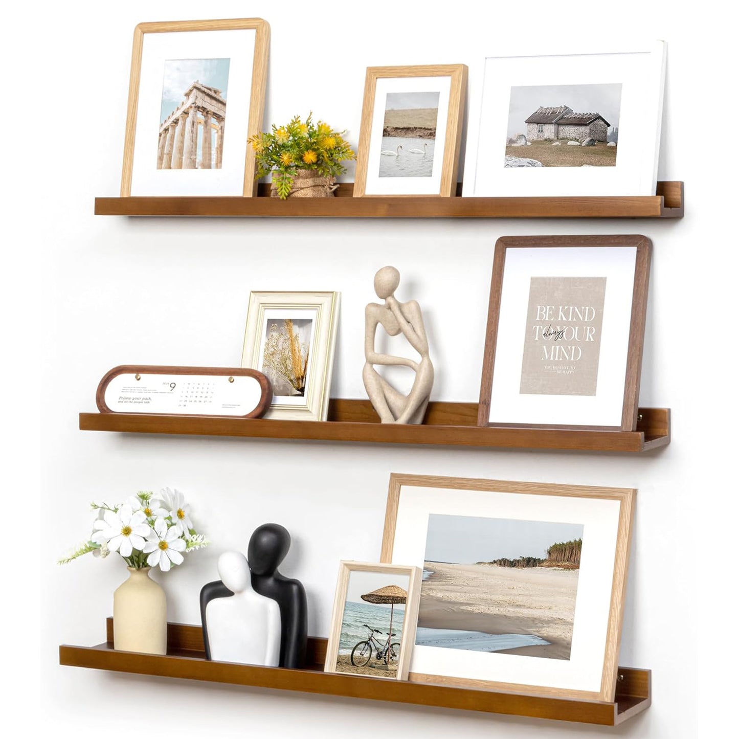 ShelfLoft 36" Wide x 5.5" Deep Pine Wood Picture Ledge Shelf Wall Shelves with Lip, 3 Pack