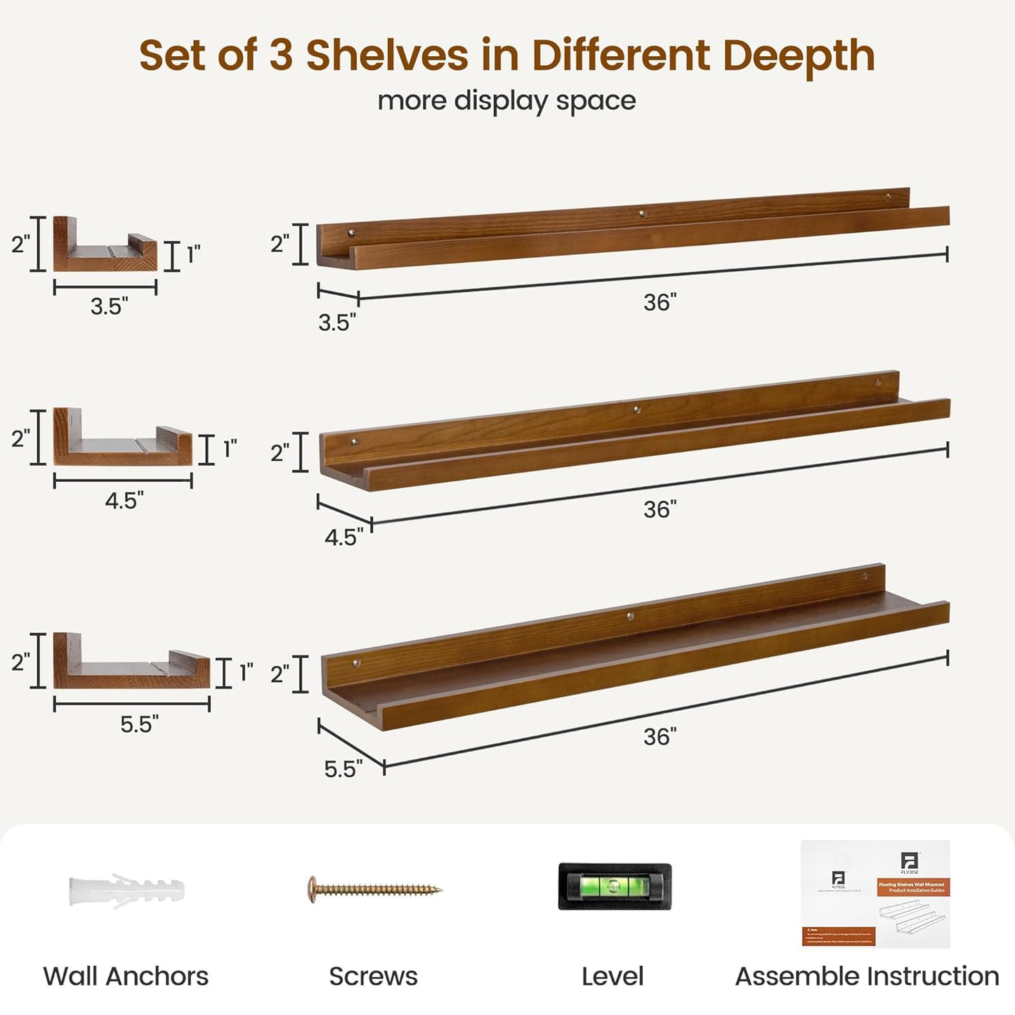 ShelfLoft 36" Wide x 5.5" Deep Pine Wood Picture Ledge Shelf Wall Shelves with Lip, 3 Pack