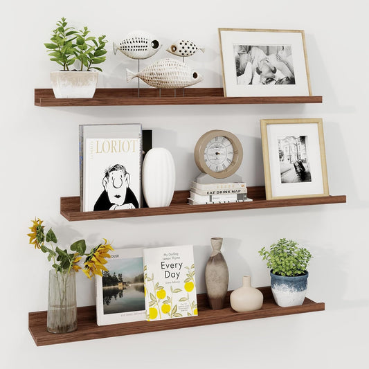 ShelfLoft 36"W x 4.2"D Walnut Picture Ledge Shelf Floating Shelves with Lip Set of 3