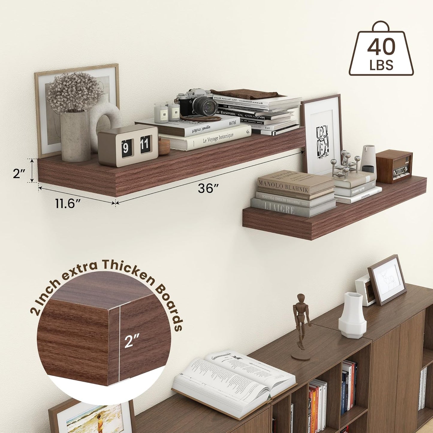 ShelfLoft 11.6"D x 2"H Walnut Floating Shelves for Wall Storage