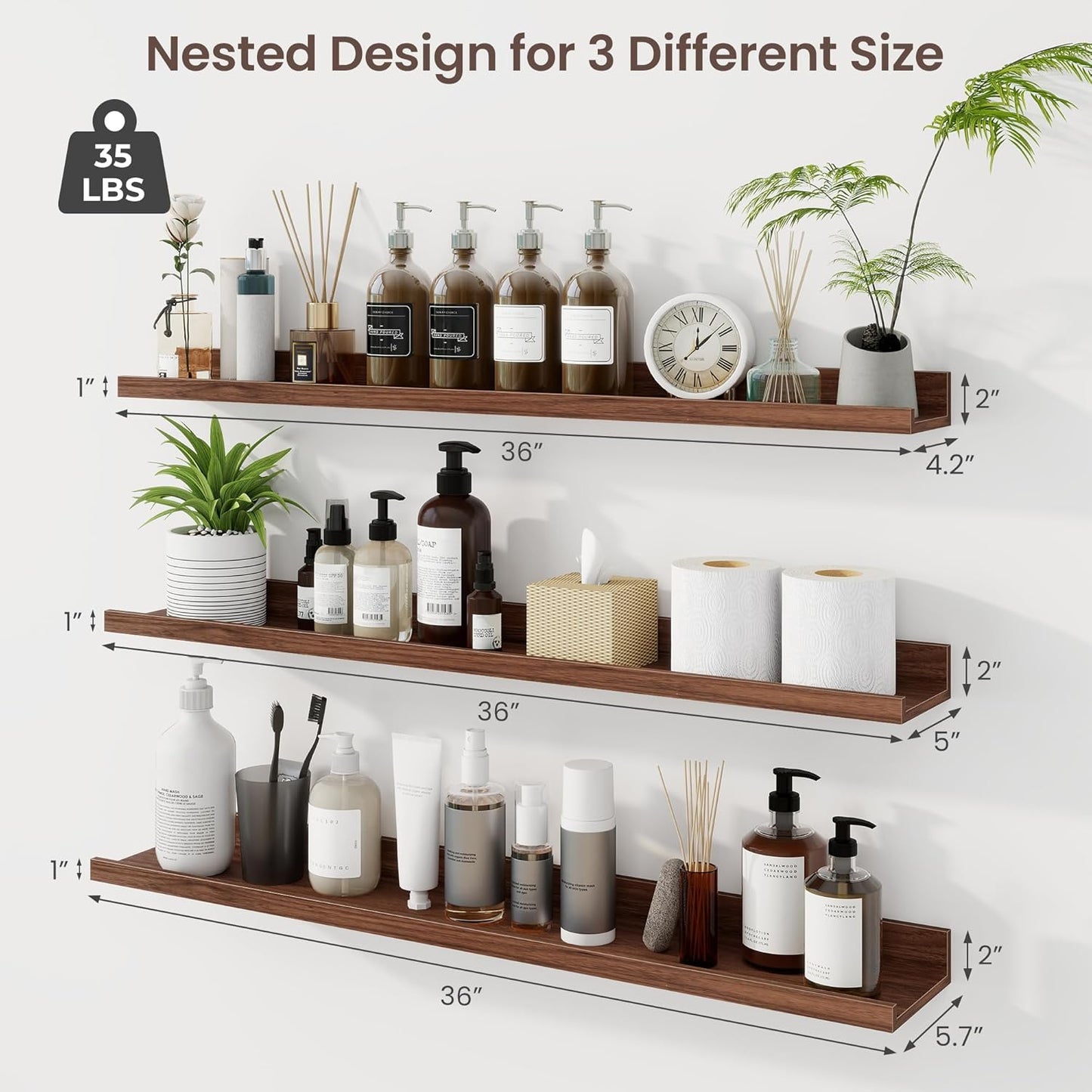 ShelfLoft 36"W x 4.2"D Walnut Picture Ledge Shelf Floating Shelves with Lip Set of 3