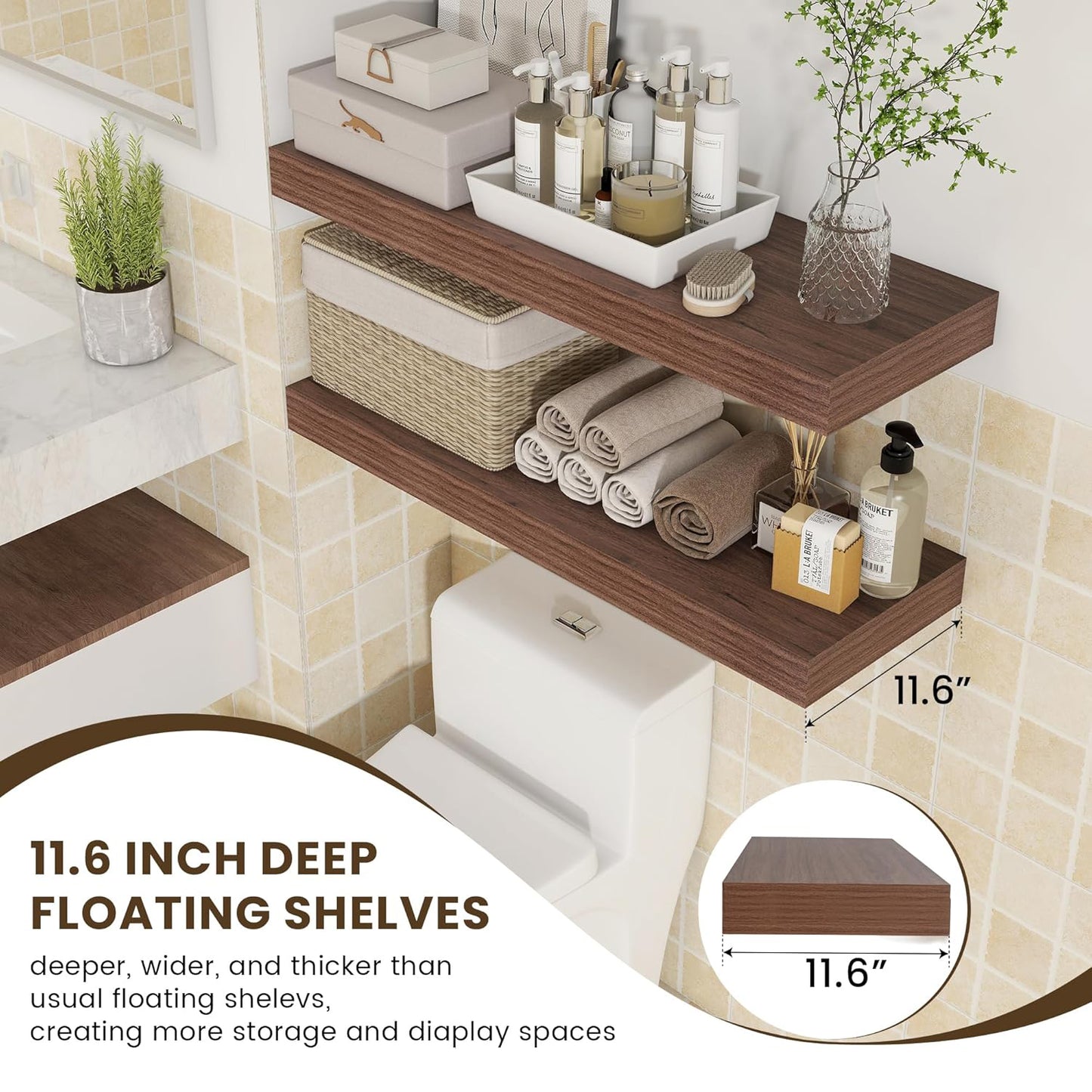 ShelfLoft 36"W x 11.6"D Walnut Floating Shelves for Wall Storage, 2 Pack