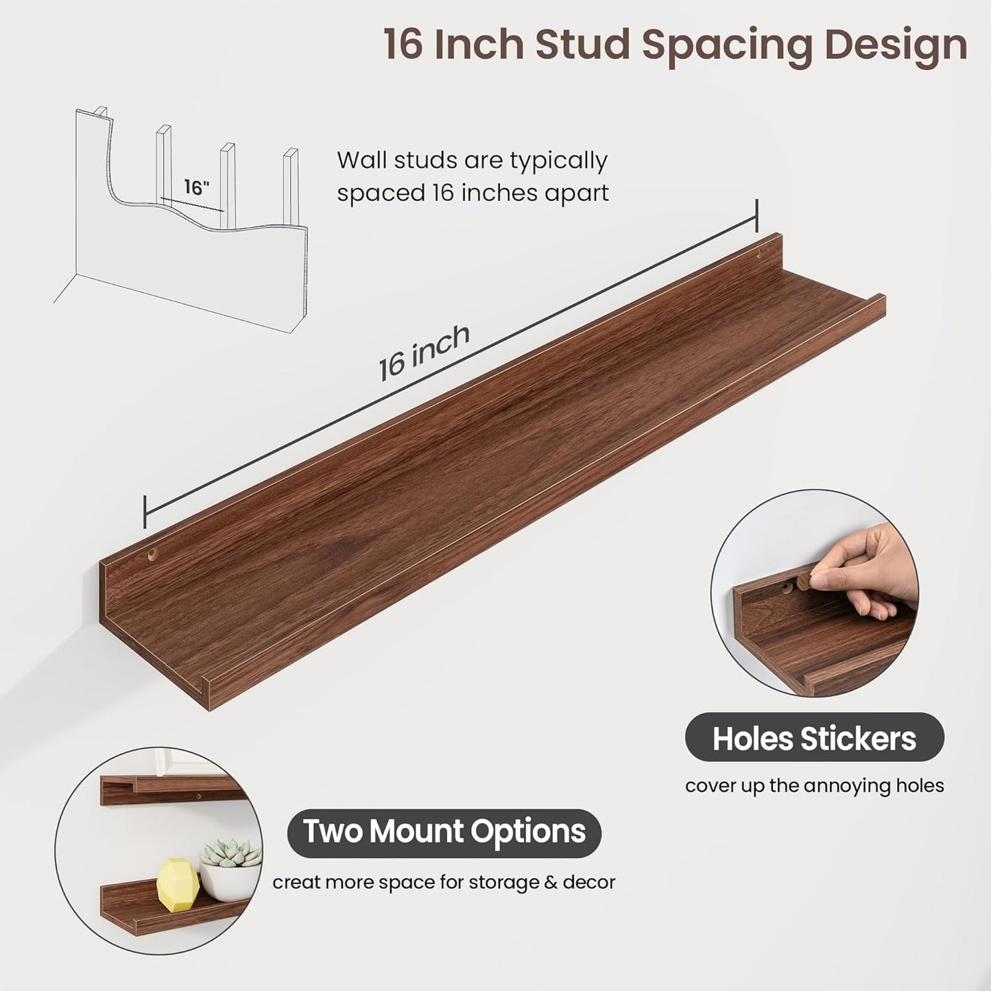 ShelfLoft 36"W x 4.2"D Walnut Picture Ledge Shelf Floating Shelves with Lip Set of 3