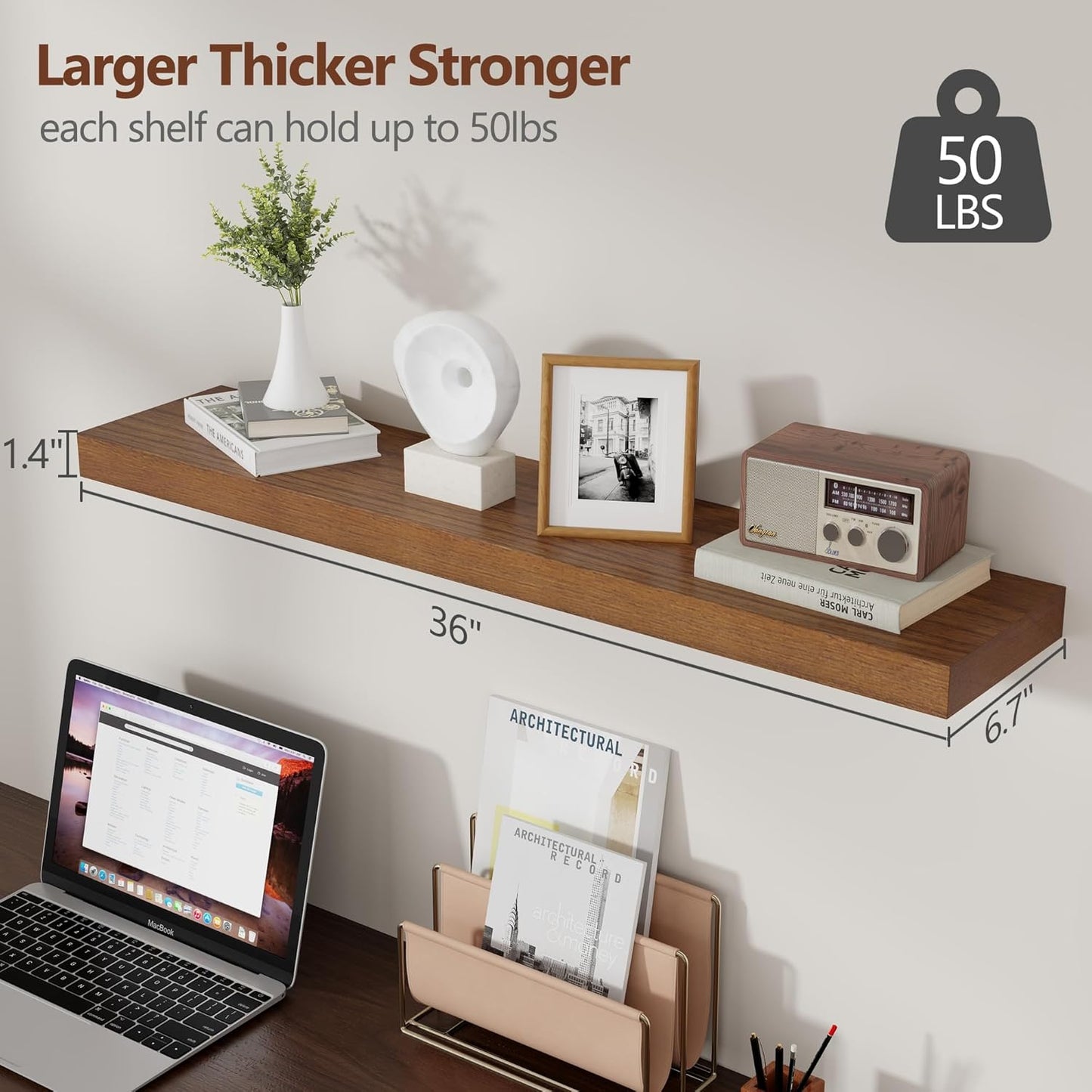 ShelfLoft 36" Wide x 6.7" Deep Paulownia Wood Wall Display Decor Floating Shelves, 2 Pack