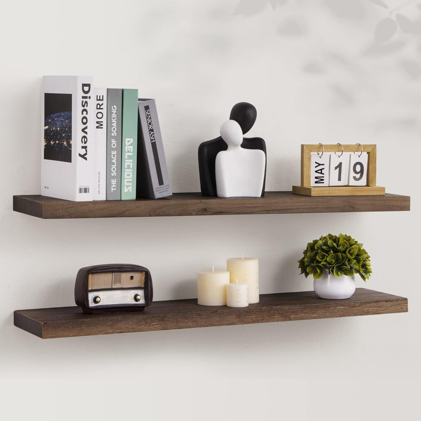 ShelfLoft 8"D x 1.5"H Rustic Walnut Solid Elm Wood Wall Shelves for Storage