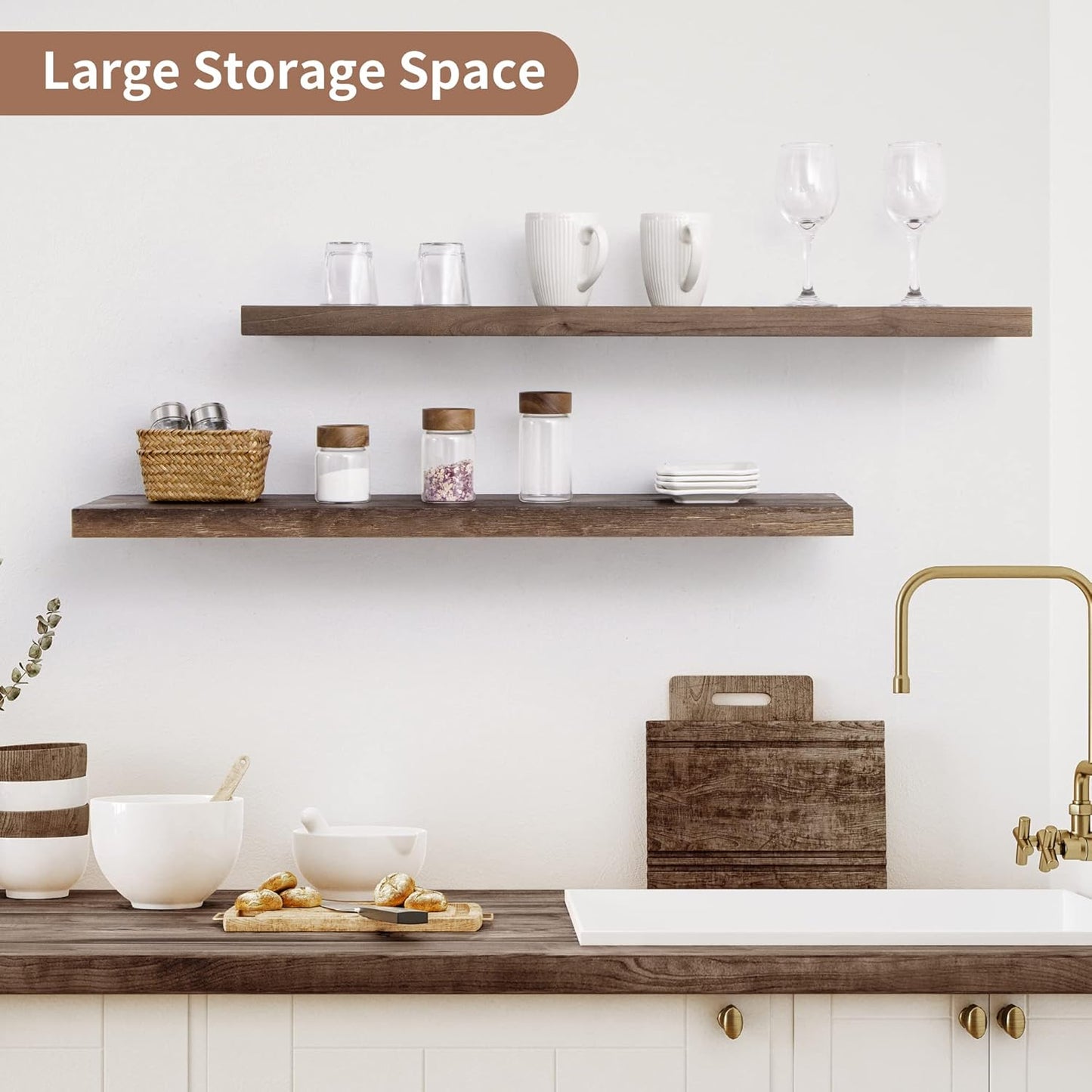 ShelfLoft 36"W x 8"D Rustic Solid Elm Wood Wall Shelves for Storage, Walnut-2 Pack