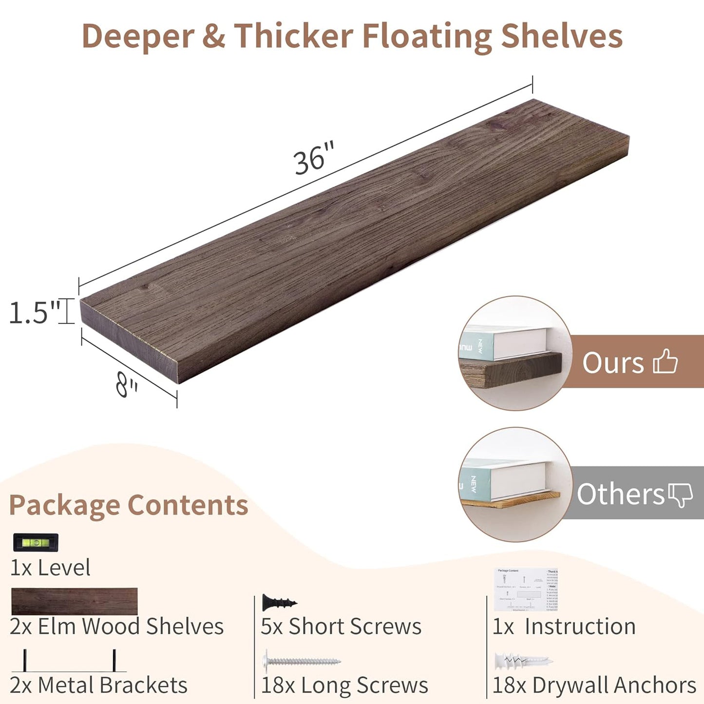 ShelfLoft 36"W x 8"D Rustic Solid Elm Wood Wall Shelves for Storage, Walnut-2 Pack