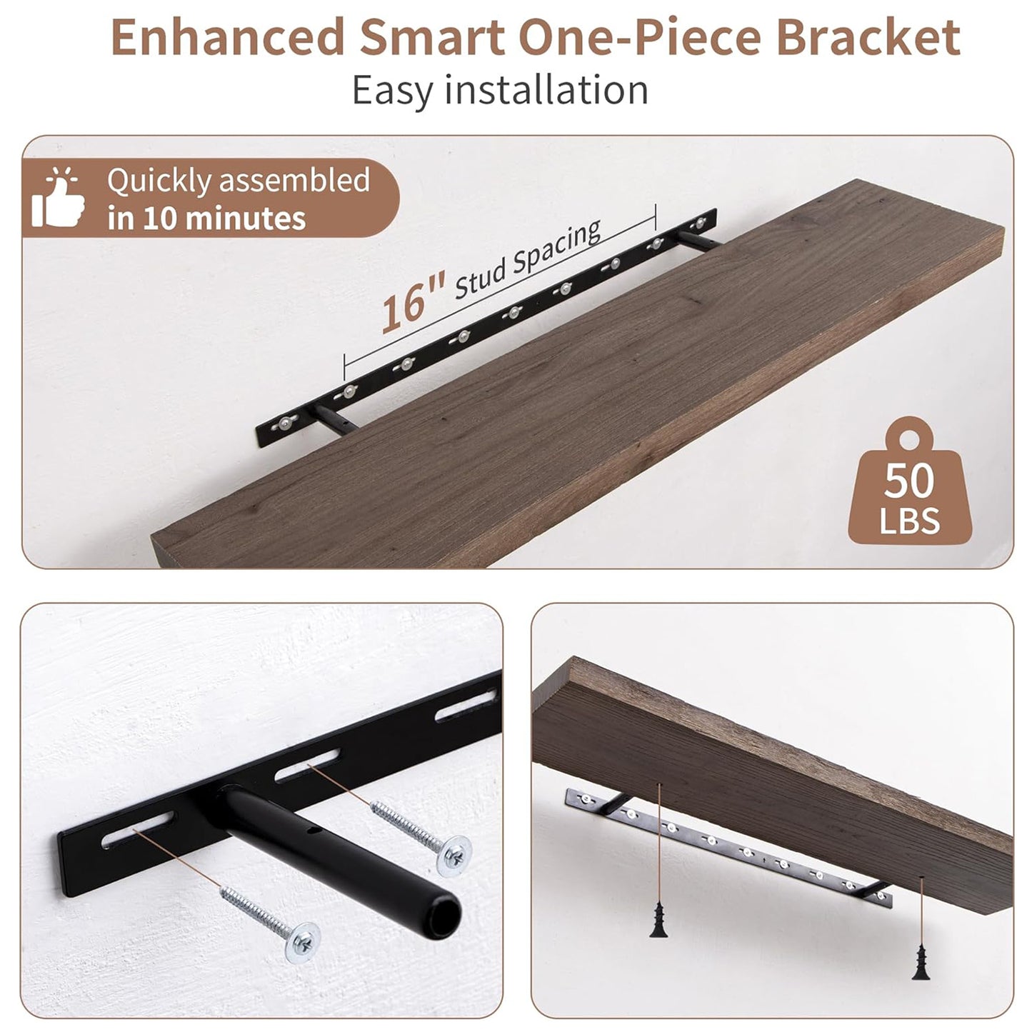 ShelfLoft 36"W x 8"D Rustic Solid Elm Wood Wall Shelves for Storage, Walnut-2 Pack