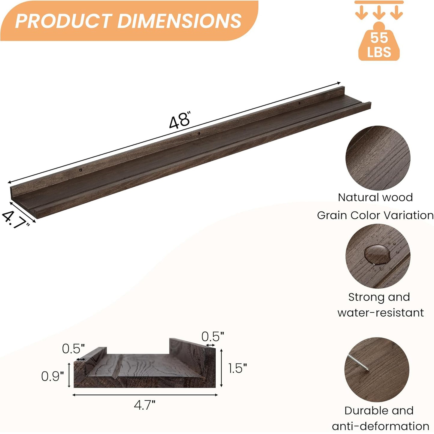 ShelfLoft 4.7"D x 1.5"H Walnut Picture Ledge Shelf Elm Wood Floating Shelves for Wall, Set of 2