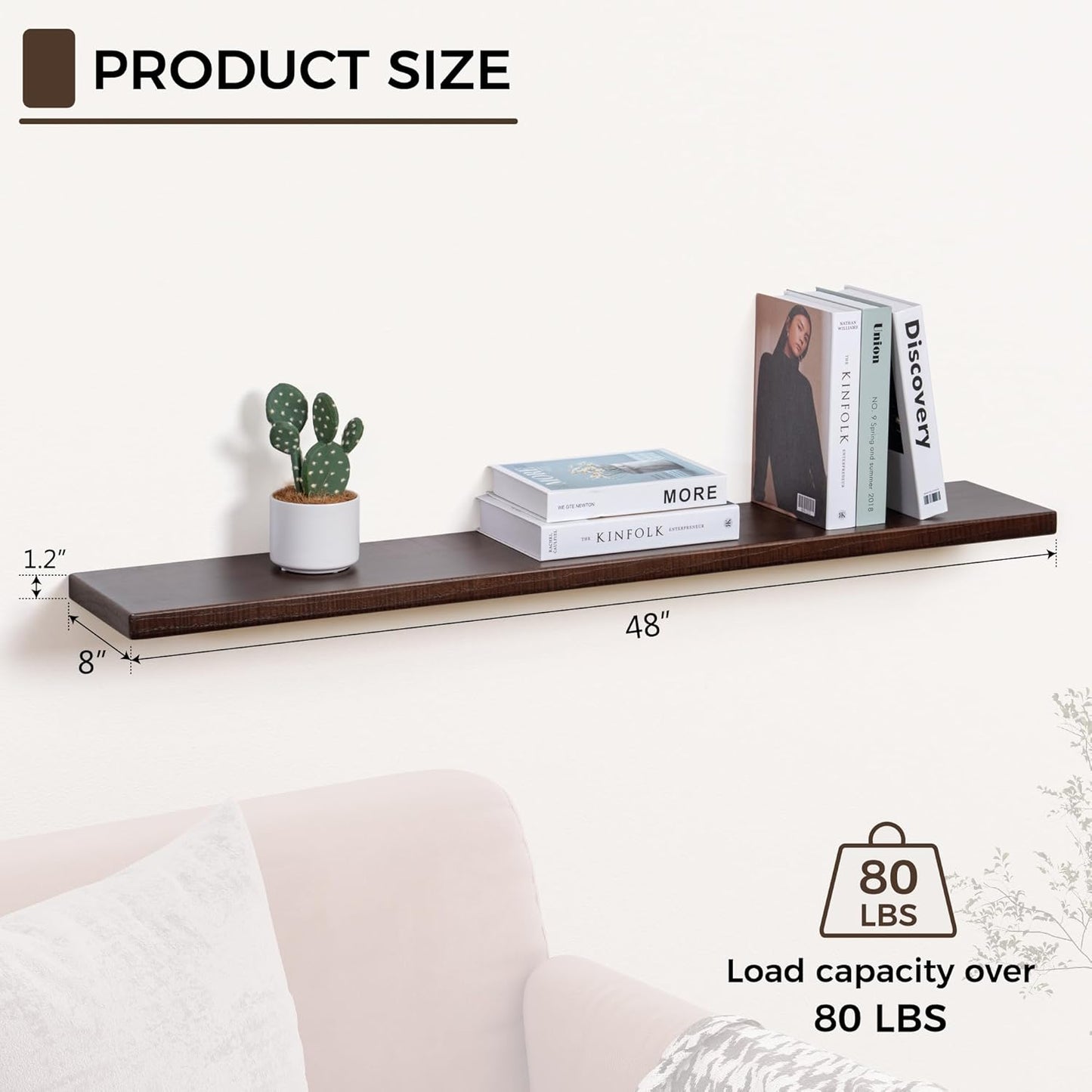 ShelfLoft 8"D x 1.2"H Walnut Rustic American Ash Wood Floating Shelves