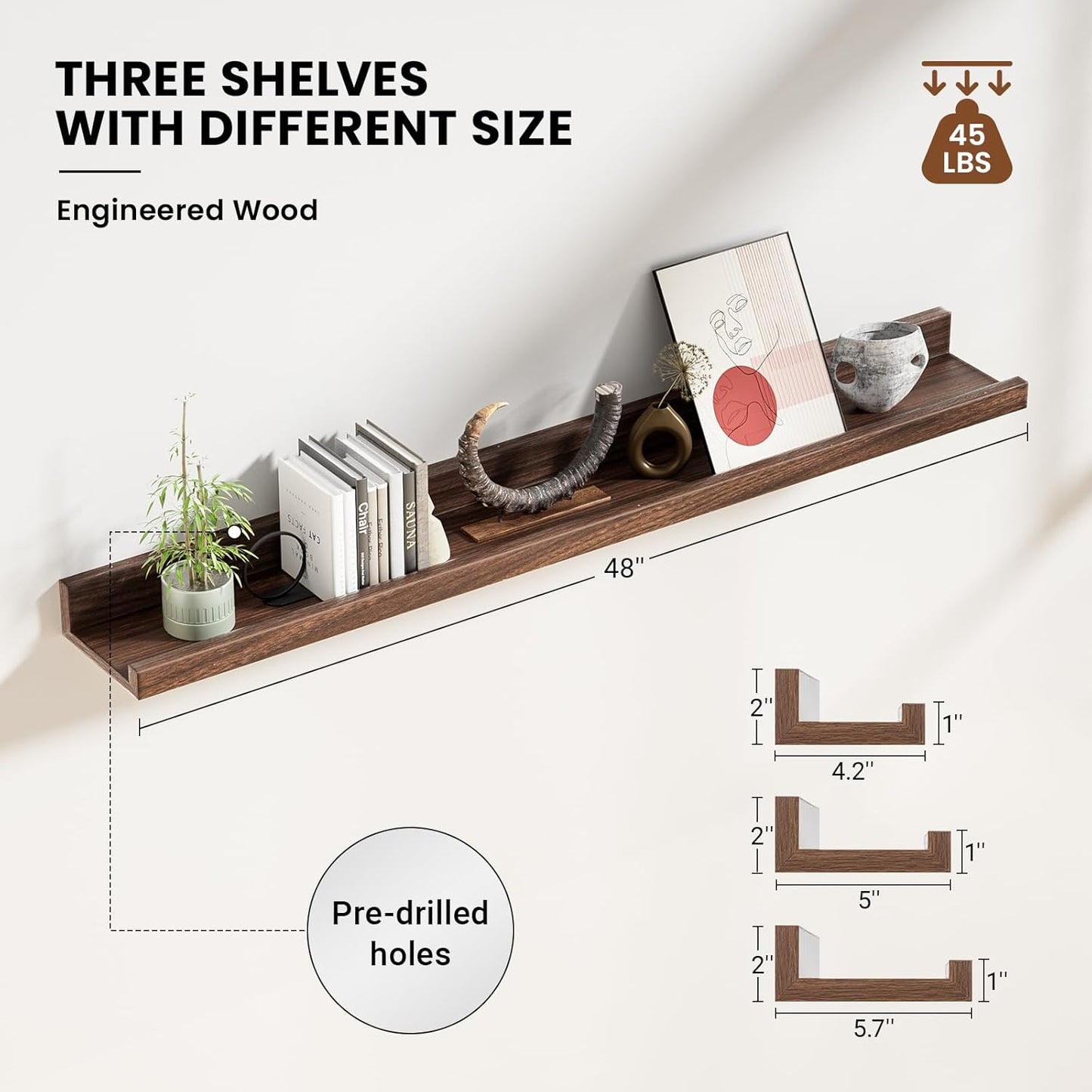 ShelfLoft 5.7"D x 2"H Walnut Picture Ledge Shelf Floating Shelves,3 Pack