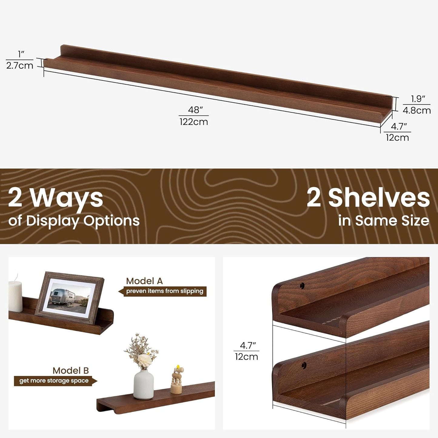 ShelfLoft 48" Wide x 4.7" Deep Solid Ash Wood Picture Ledge Shelf Groove Floating Shelves,Set of 2