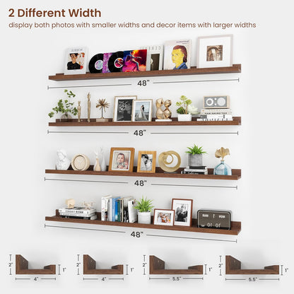 ShelfLoft 48" Wide x 5.5" Deep Picture Ledge Shelf Wall Display Floating Shelves with Lip, 4 Pack