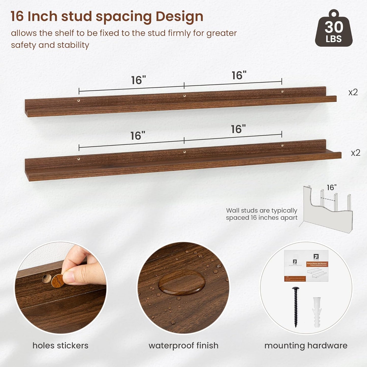 ShelfLoft 5.5"D x 2"H Walnut Picture Ledge Shelf Wall Display Floating Shelves with Lip